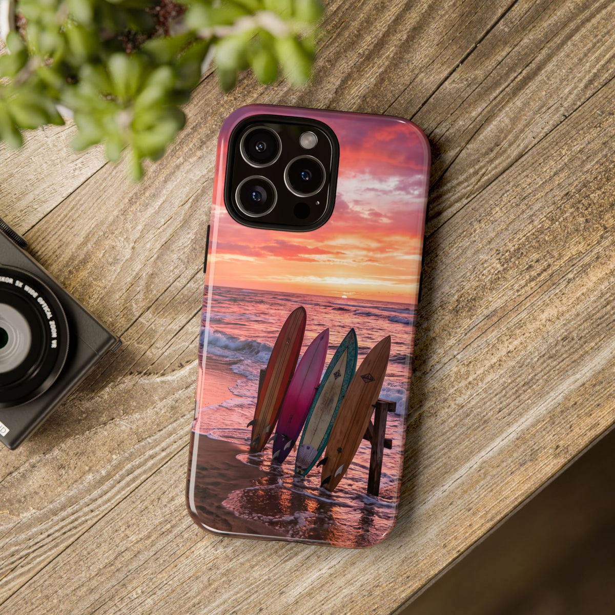 iPhone Tough Cases Phone Cases for iPhone 16\17\18 – Dual Layer, Matte/Glossy Finish, Wireless Charging Compatible. Phone Case - Sunset Surfboard Beach Case