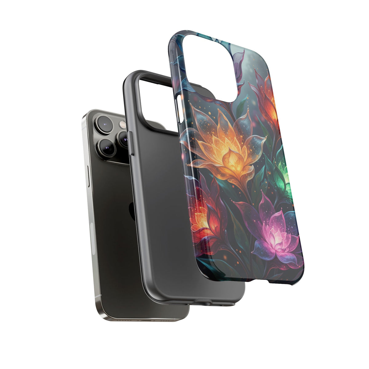 iPhone Tough Cases Phone Cases for iPhone 14\15\16\17 – Dual Layer, Matte/Glossy Finish, Wireless Charging CompatibleFloral Lotus Tough Phone Case - Colorful Glowing Flowers Protective Cover