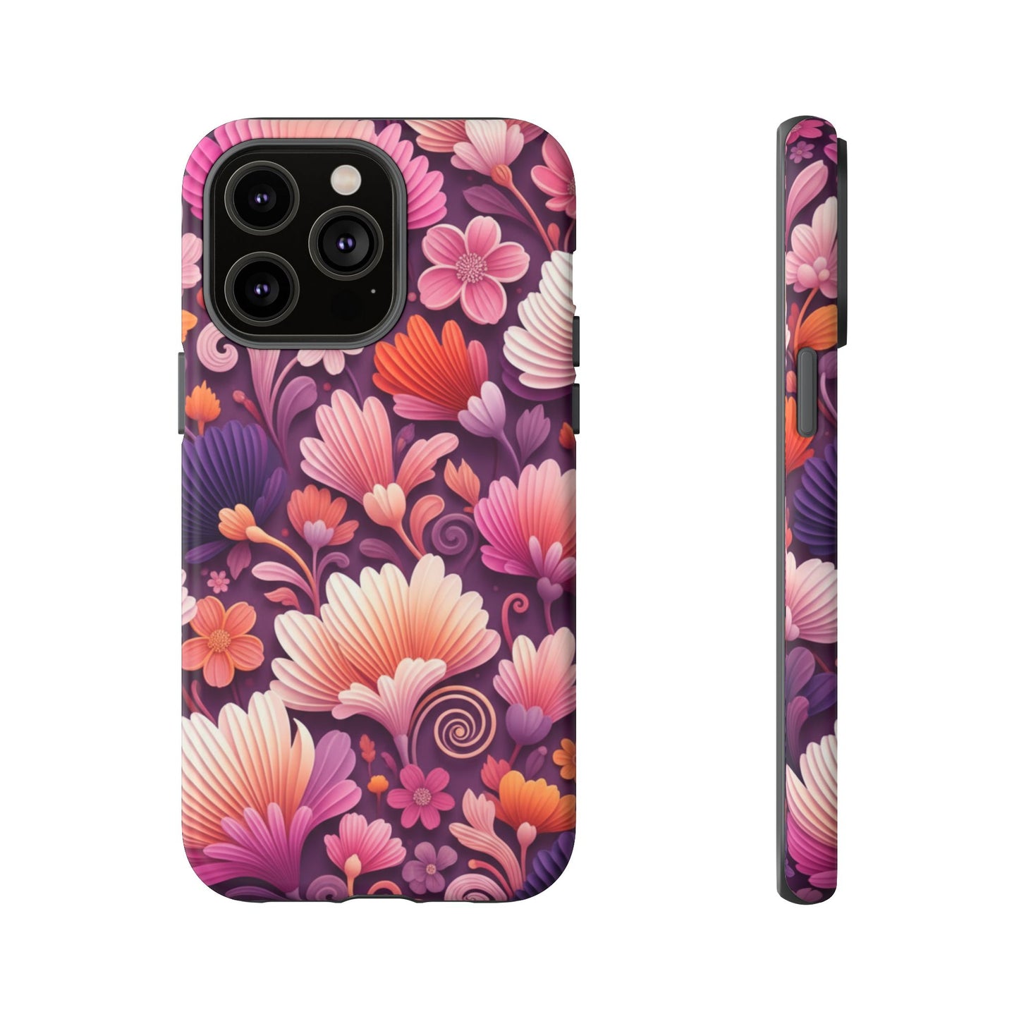 Floral Vibes Phone Case — iPhone Tough Cases Phone Cases for iPhone 14\15\16\17 – Dual Layer, Matte/Glossy Finish, Wireless Charging Compatible. Pink & Purple Retro Blossom Protective Cover