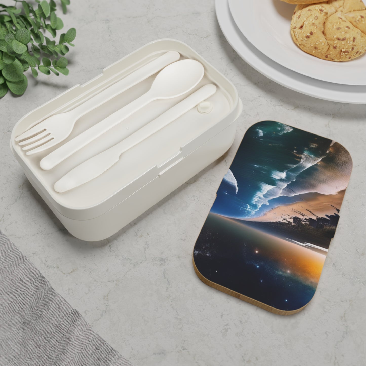 Scenic Ocean Sunset Bento Lunch Box — Beach Wave Landscape Portable Food Container with Wooden Lid & Two Moveable Compartments for Work, School & Picnics