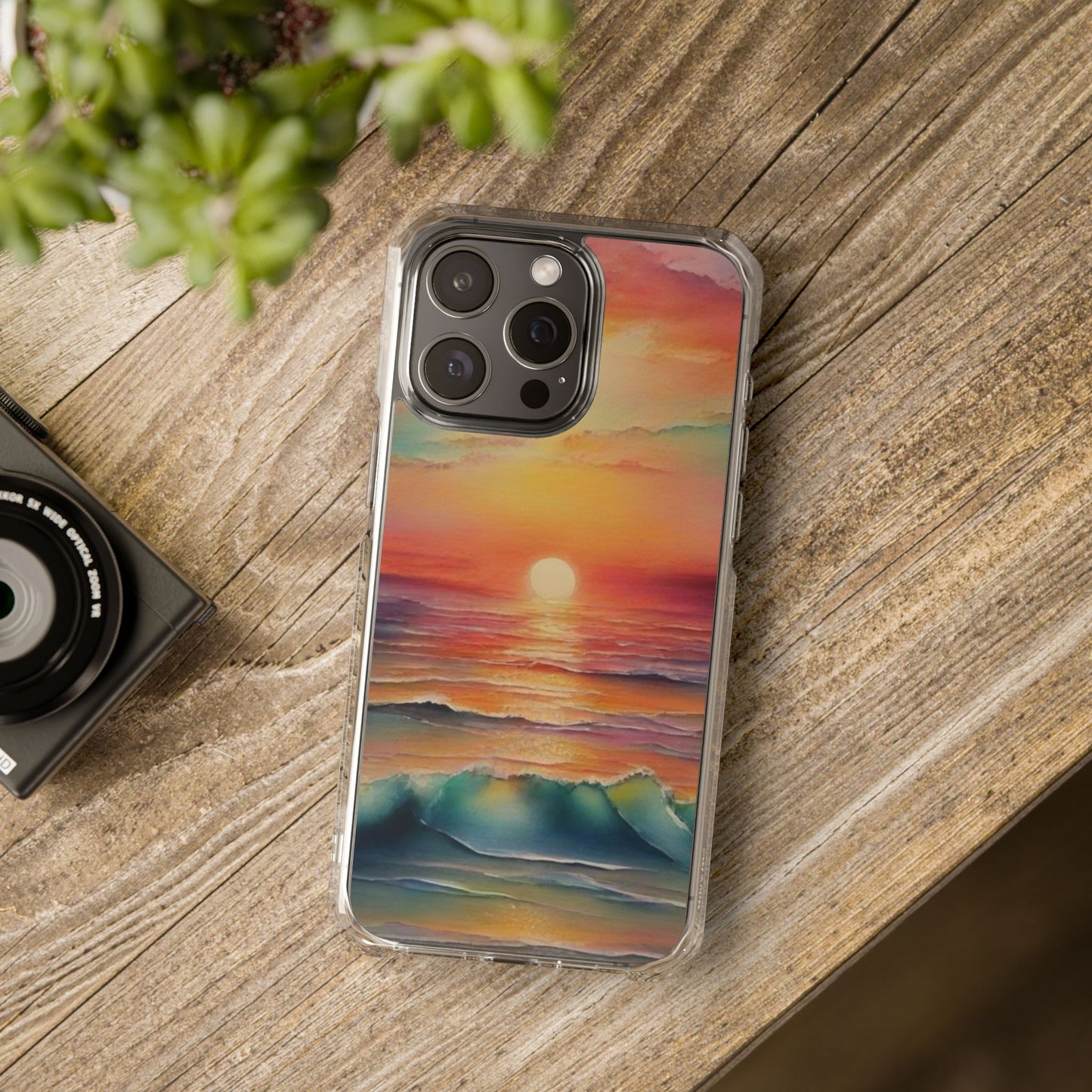 Clear Magnetic Phone Case — Sunset Ocean Art Design. Magnetic Impact Phone Case for iPhone 17/16/15/14. The Embedded Magnet Ring Keeps MagSafe Accessories Snapping on Smoothly.