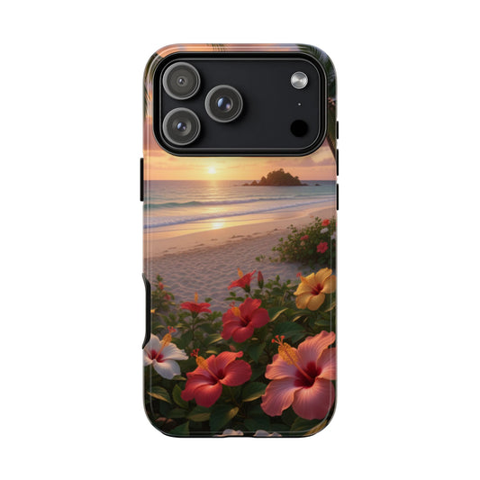 iPhone Tough Cases Phone Cases for iPhone 14\15\16\17 – Dual Layer, Matte/Glossy Finish, Wireless Charging CompatibleTough Cases — Tropical Sunset Hibiscus Phone Case