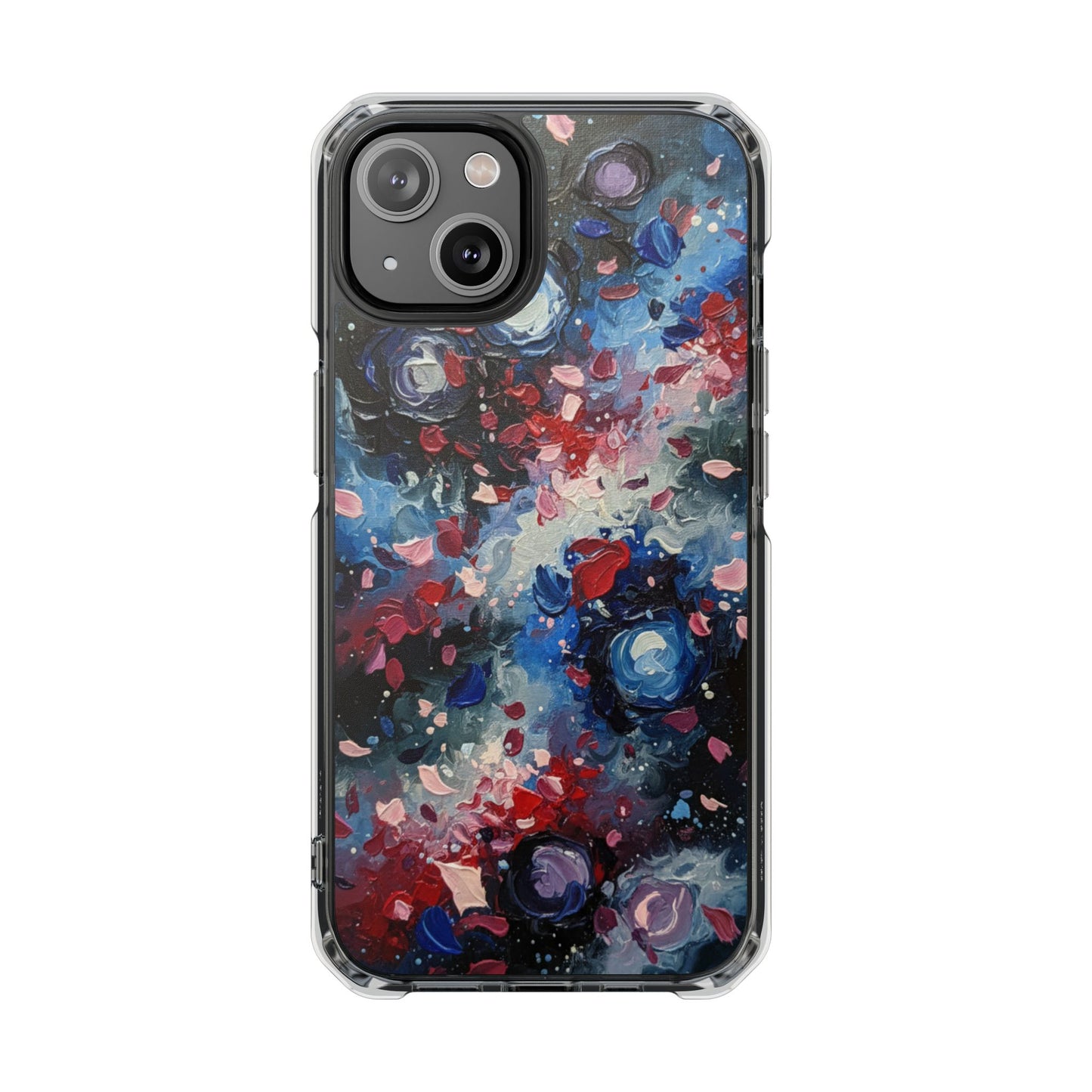 Magnetic Impact Phone Case for iPhone 17/16/15/14 Clear Magnetic Impact Phone Case — Abstract Red & Blue Galaxy Design