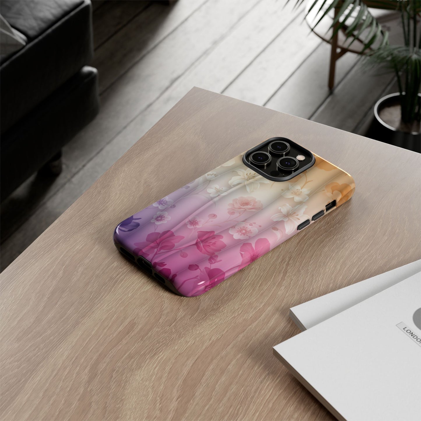 Floral Gradient Phone Case iPhone Tough Cases Phone Cases for iPhone 14\15\16\17 – Dual Layer, Matte/Glossy Finish, Wireless Charging Compatible - Pastel Ombre Flowers Protective Cover
