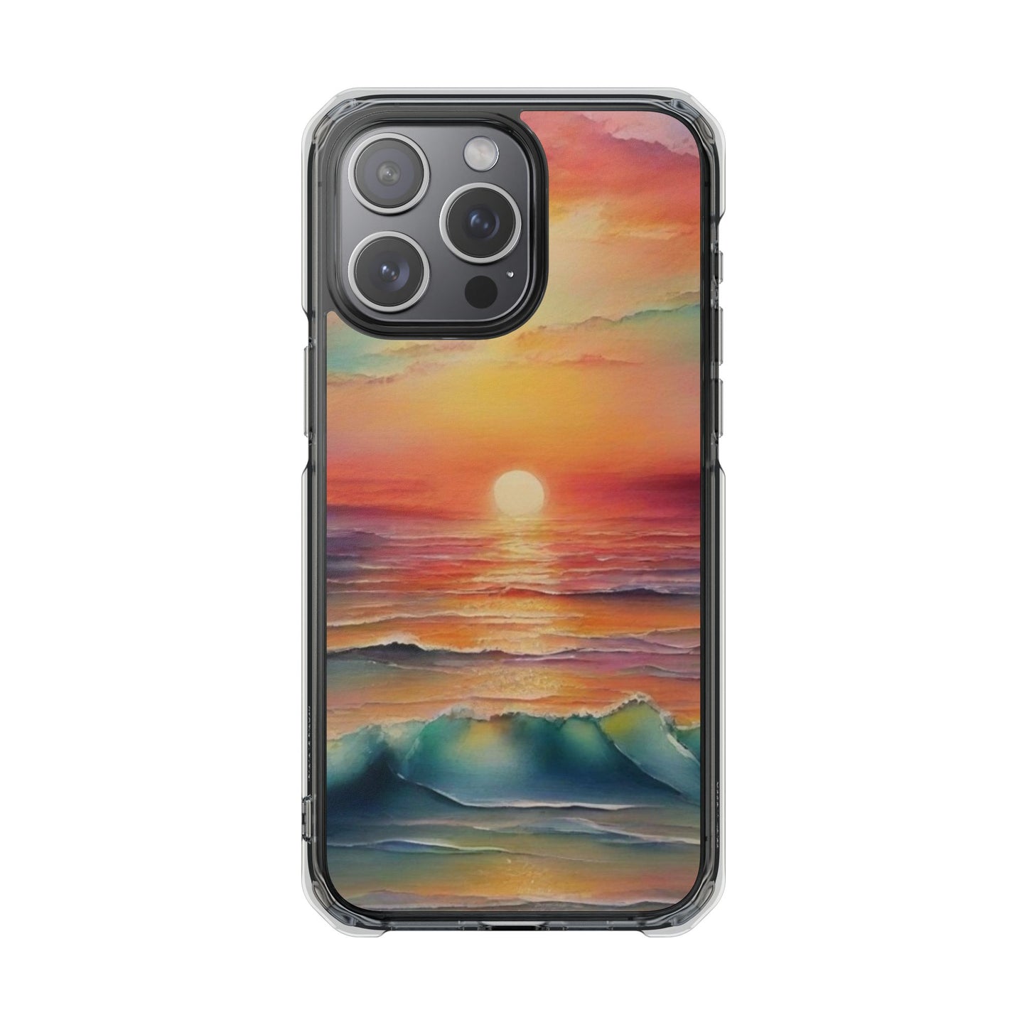 Clear Magnetic Phone Case — Sunset Ocean Art Design. Magnetic Impact Phone Case for iPhone 17/16/15/14. The Embedded Magnet Ring Keeps MagSafe Accessories Snapping on Smoothly.