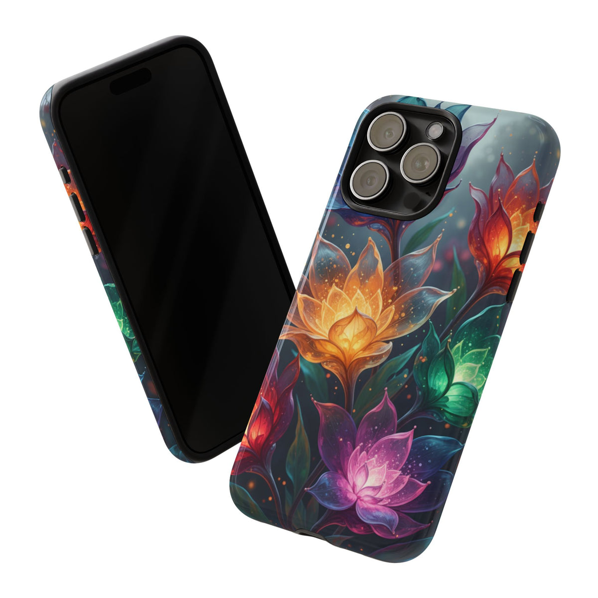 iPhone Tough Cases Phone Cases for iPhone 14\15\16\17 – Dual Layer, Matte/Glossy Finish, Wireless Charging CompatibleFloral Lotus Tough Phone Case - Colorful Glowing Flowers Protective Cover