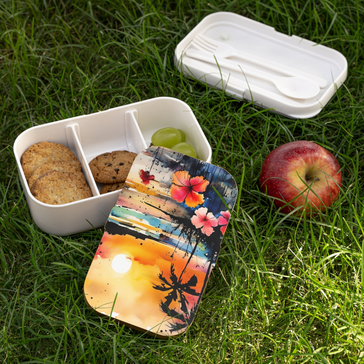 Stylish Bento Box Lunchbox – Portable, Designed Food Container with Wooden Lid & Two Moveable Compartments for Work, School & Picnics