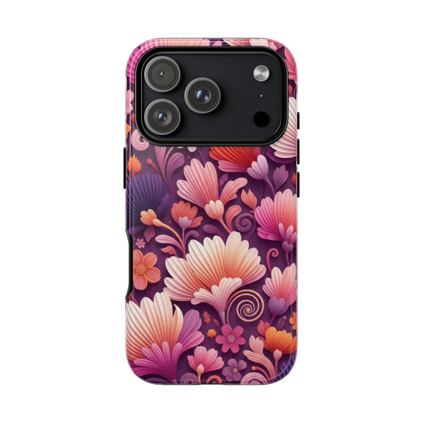 Floral Vibes Phone Case — iPhone Tough Cases Phone Cases for iPhone 14\15\16\17 – Dual Layer, Matte/Glossy Finish, Wireless Charging Compatible. Pink & Purple Retro Blossom Protective Cover