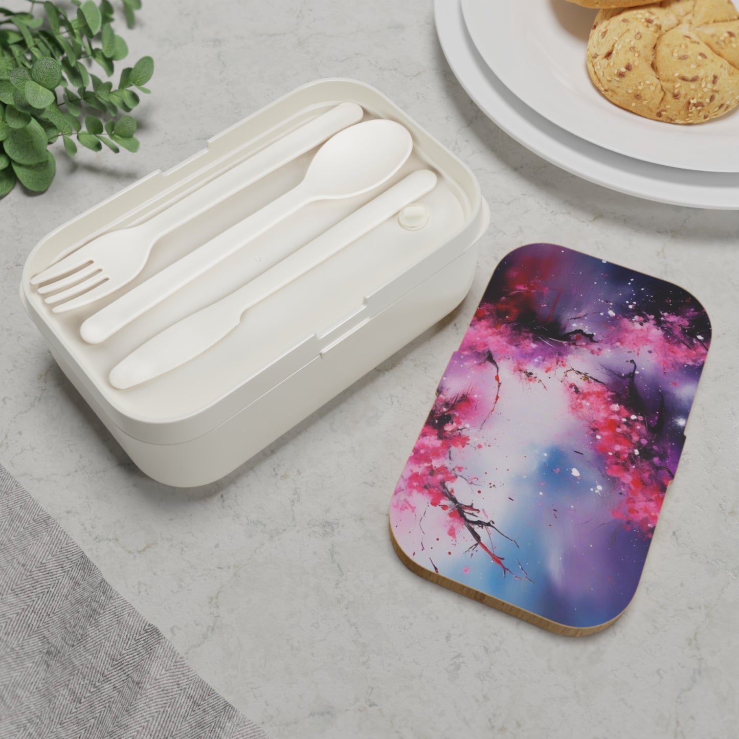 Stylish Bento Box Lunchbox – Portable, Designed Food Container with Wooden Lid & Two Moveable Compartments for Work, School & Picnics