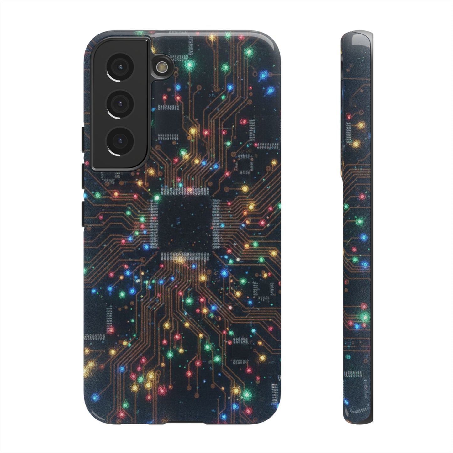 Tough Cases Phone Cases for Samsung Galaxy S25/S24/S23/S22 – Dual Layer, Matte/Glossy Finish, Wireless Charging Compatible, Circuit Board Glow Phone Case — Techy Microchip LED Design