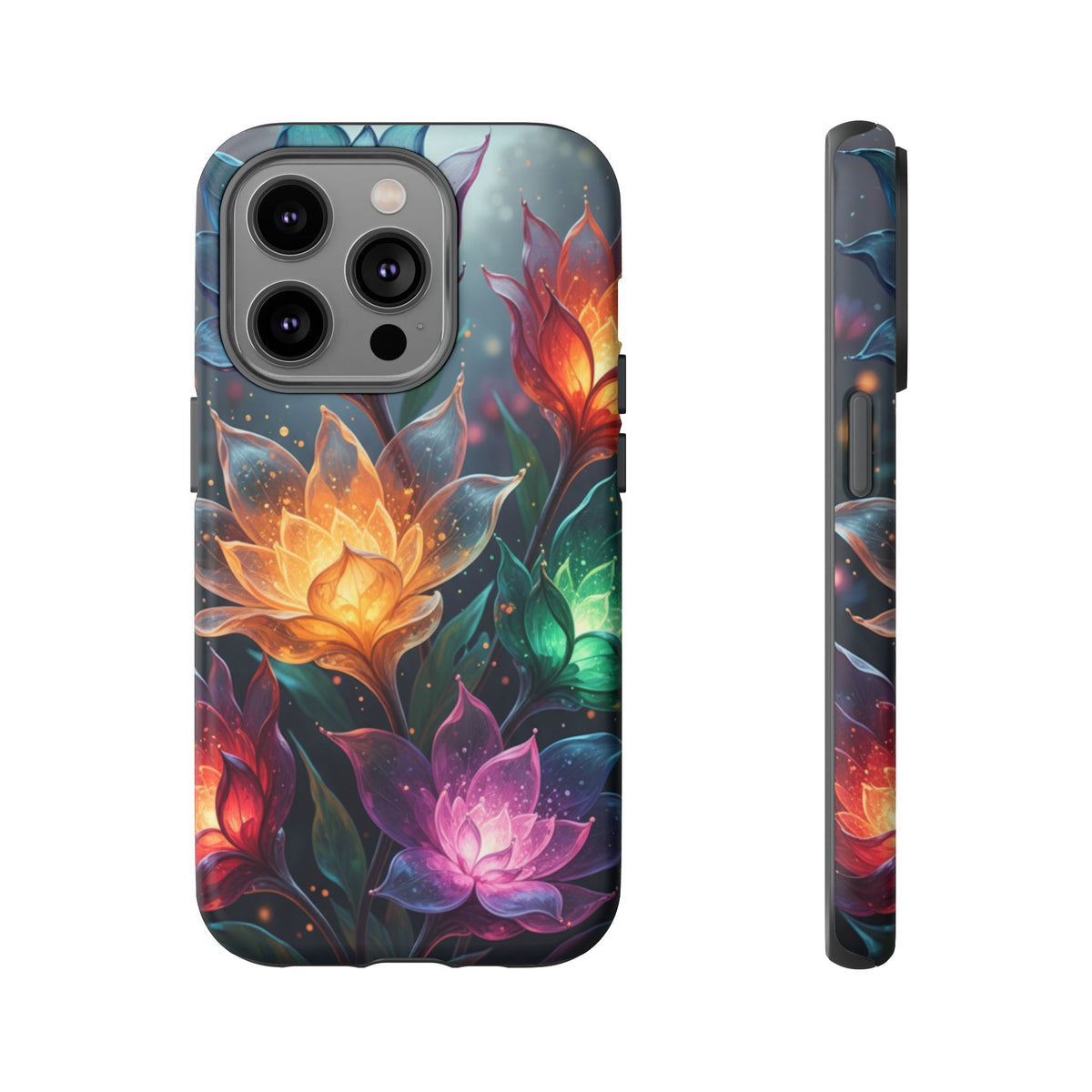 iPhone Tough Cases Phone Cases for iPhone 14\15\16\17 – Dual Layer, Matte/Glossy Finish, Wireless Charging CompatibleFloral Lotus Tough Phone Case - Colorful Glowing Flowers Protective Cover