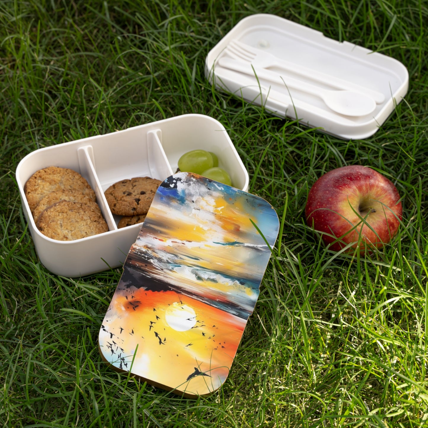 Stylish Bento Box Lunchbox – Portable, Designed Food Container with Wooden Lid & Two Moveable Compartments for Work, School & Picnics