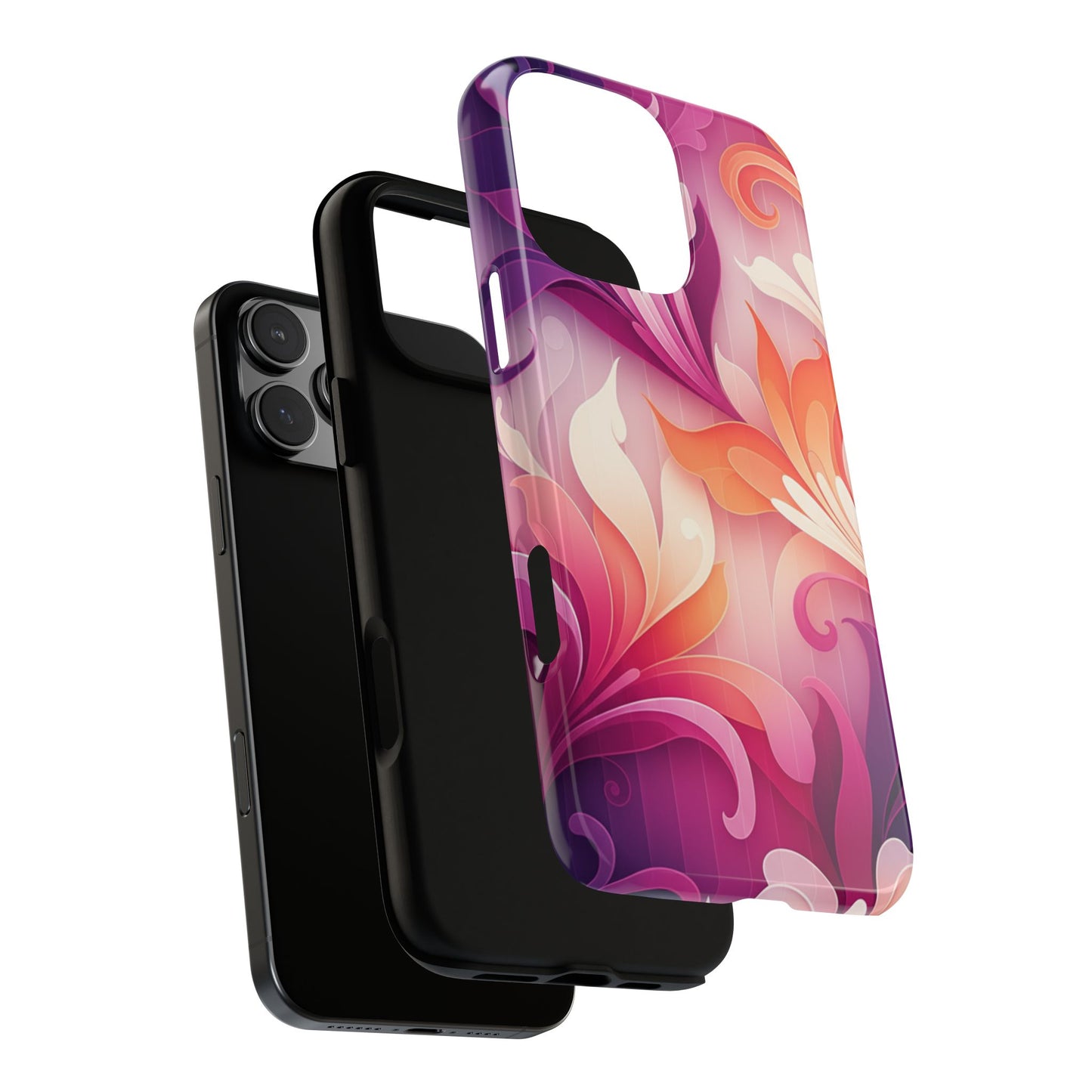 Floral Swirl Tough Phone Case iPhone Tough Cases Phone Cases for iPhone 14\15\16\17 – Dual Layer, Matte/Glossy Finish, Wireless Charging Compatible — Pink & Orange Protective iPhone Cover