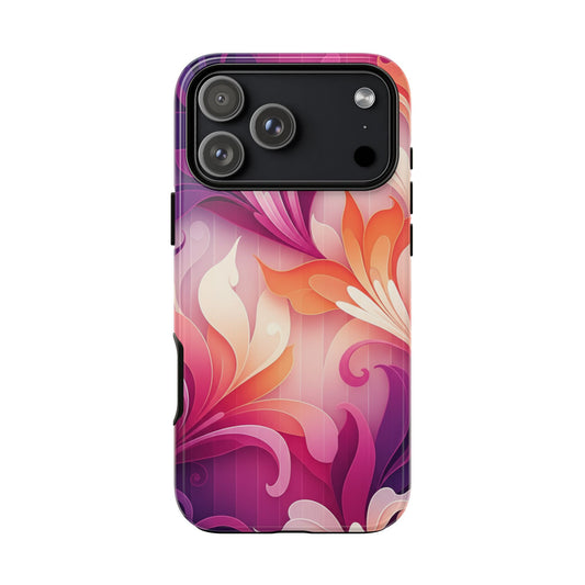Floral Swirl Tough Phone Case iPhone Tough Cases Phone Cases for iPhone 14\15\16\17 – Dual Layer, Matte/Glossy Finish, Wireless Charging Compatible — Pink & Orange Protective iPhone Cover
