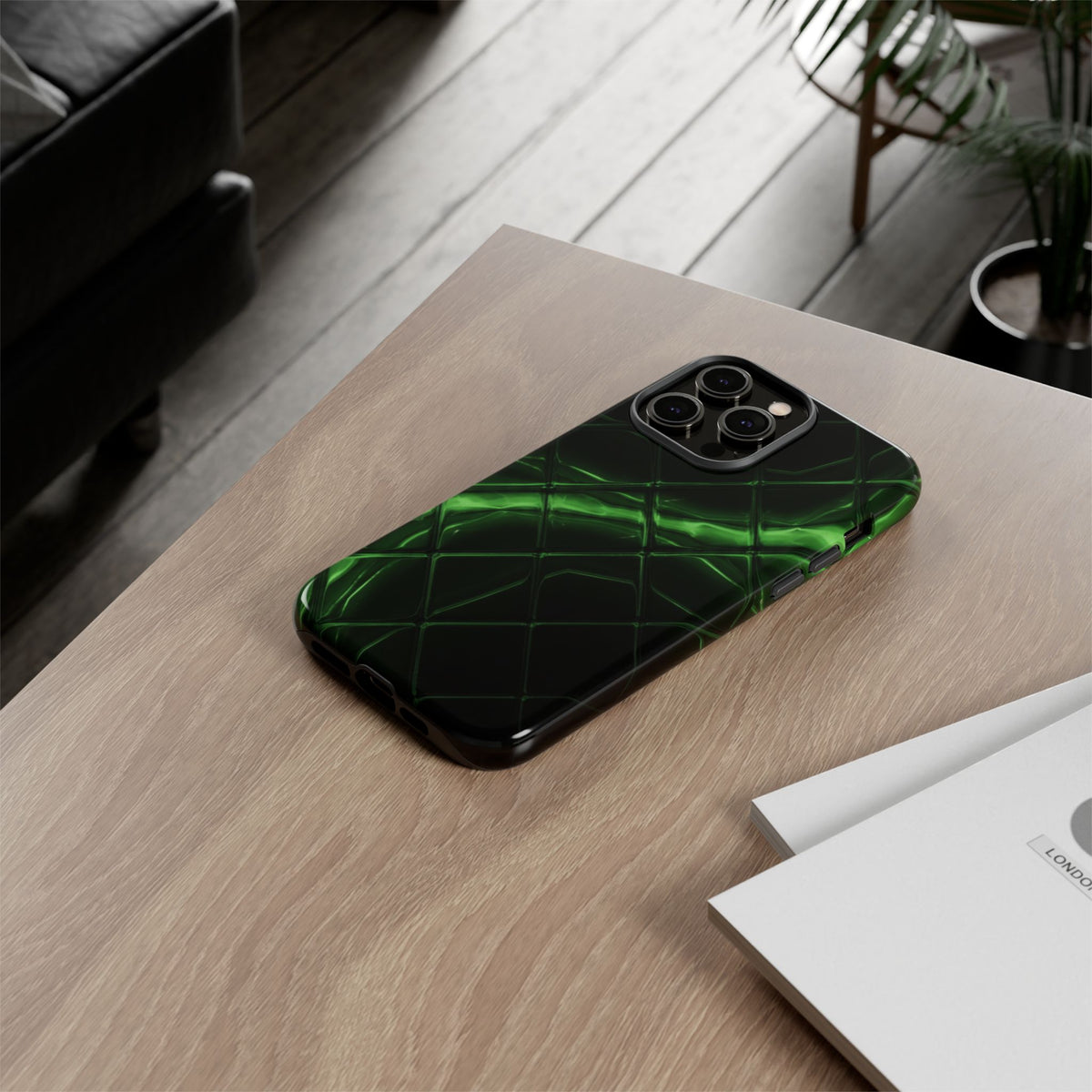 iPhone Tough Cases Phone Cases for iPhone 14\15\16\17 – Dual Layer, Matte/Glossy Finish, Wireless Charging Compatible. Green Neon Grid Phone Case — Protective Tough Case with Abstract Glow Design