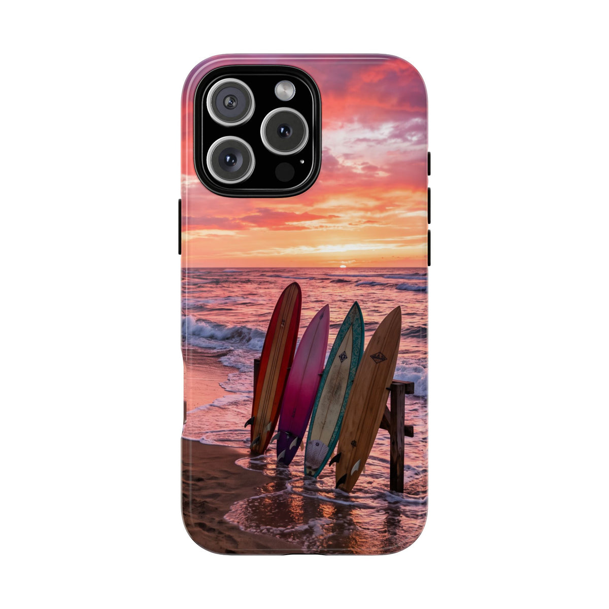 iPhone Tough Cases Phone Cases for iPhone 16\17\18 – Dual Layer, Matte/Glossy Finish, Wireless Charging Compatible. Phone Case - Sunset Surfboard Beach Case