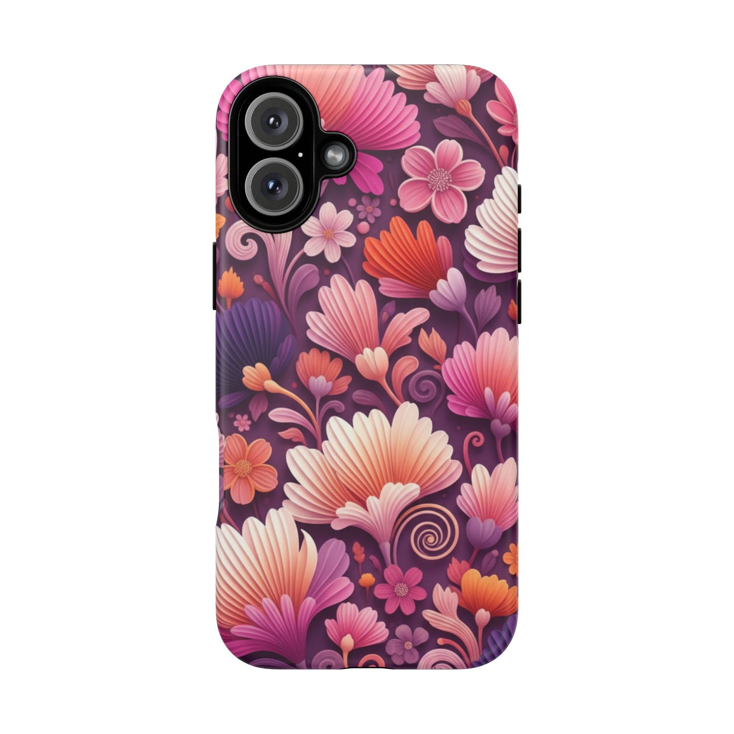 Floral Vibes Phone Case — iPhone Tough Cases Phone Cases for iPhone 14\15\16\17 – Dual Layer, Matte/Glossy Finish, Wireless Charging Compatible. Pink & Purple Retro Blossom Protective Cover