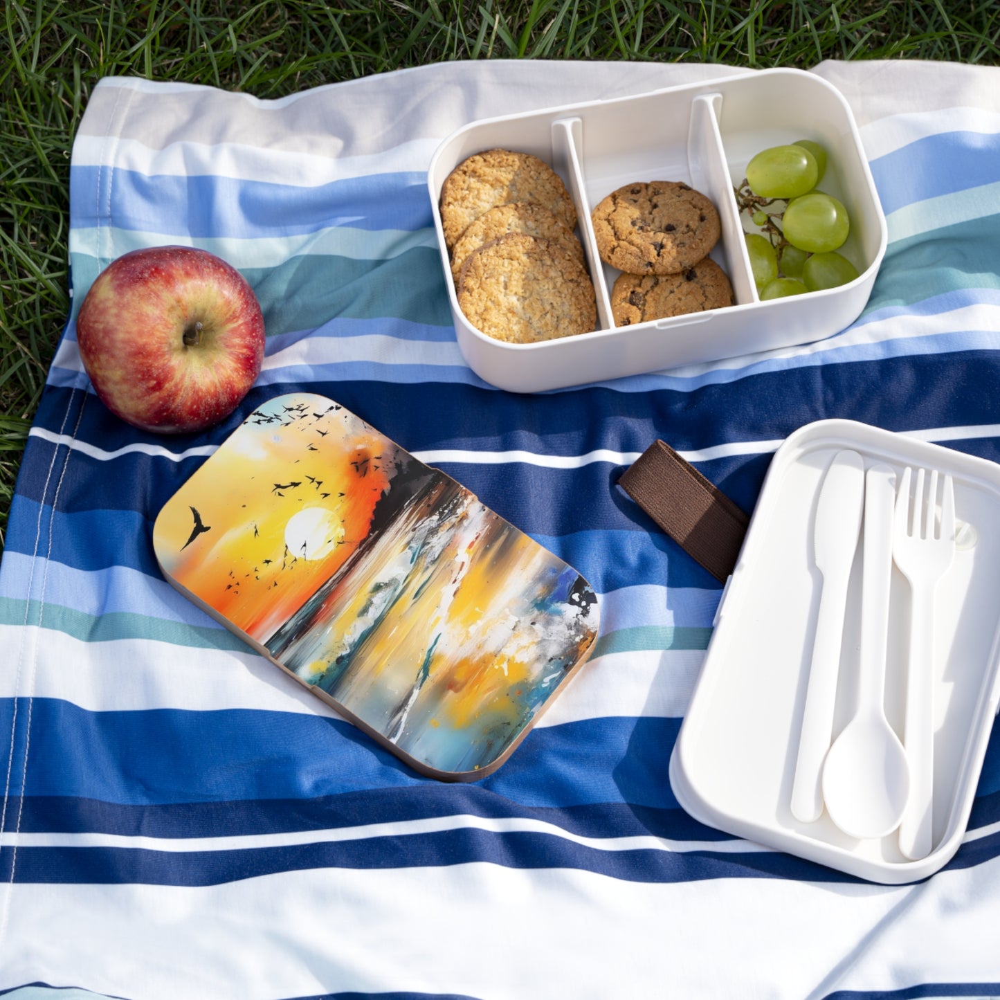 Stylish Bento Box Lunchbox – Portable, Designed Food Container with Wooden Lid & Two Moveable Compartments for Work, School & Picnics