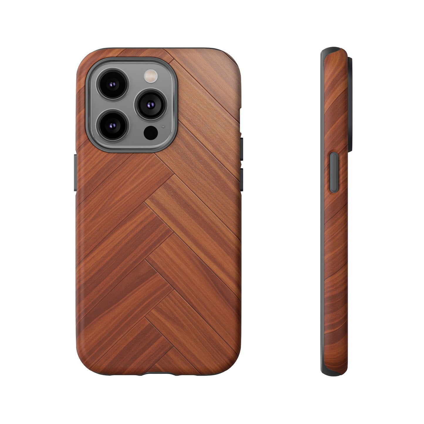 iPhone Tough Cases Phone Cases for iPhone 14\15\16\17 – Dual Layer, Matte/Glossy Finish, Wireless Charging Compatible. Plastic Woodgrain Herringbone Design Phone Case