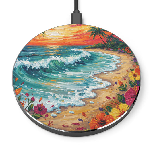 Beach Sunset Wireless Charger — Tropical Ocean Wave Phone Charger. Qi Wireless Charging Pad – Aluminum Fast Charging Phone Charger with Non-Slip Base