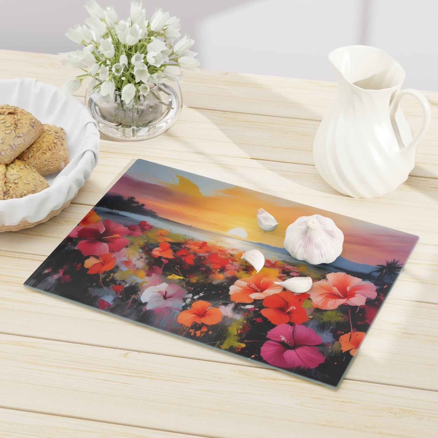Tempered Glass Cutting Board – Hygienic, Scratch-Resistant, Dishwasher-Safe | Modern Kitchen Essential, Vibrant Floral Sunset Cutting Board - Artistic Kitchen Decor