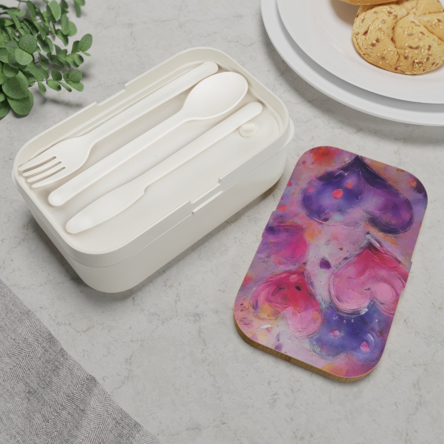 Heart Watercolor Bento Box — Purple & Pink Cute Lunch Box - Portable Food Container with Wooden Lid & Two Moveable Compartments for Work, School & Picnics