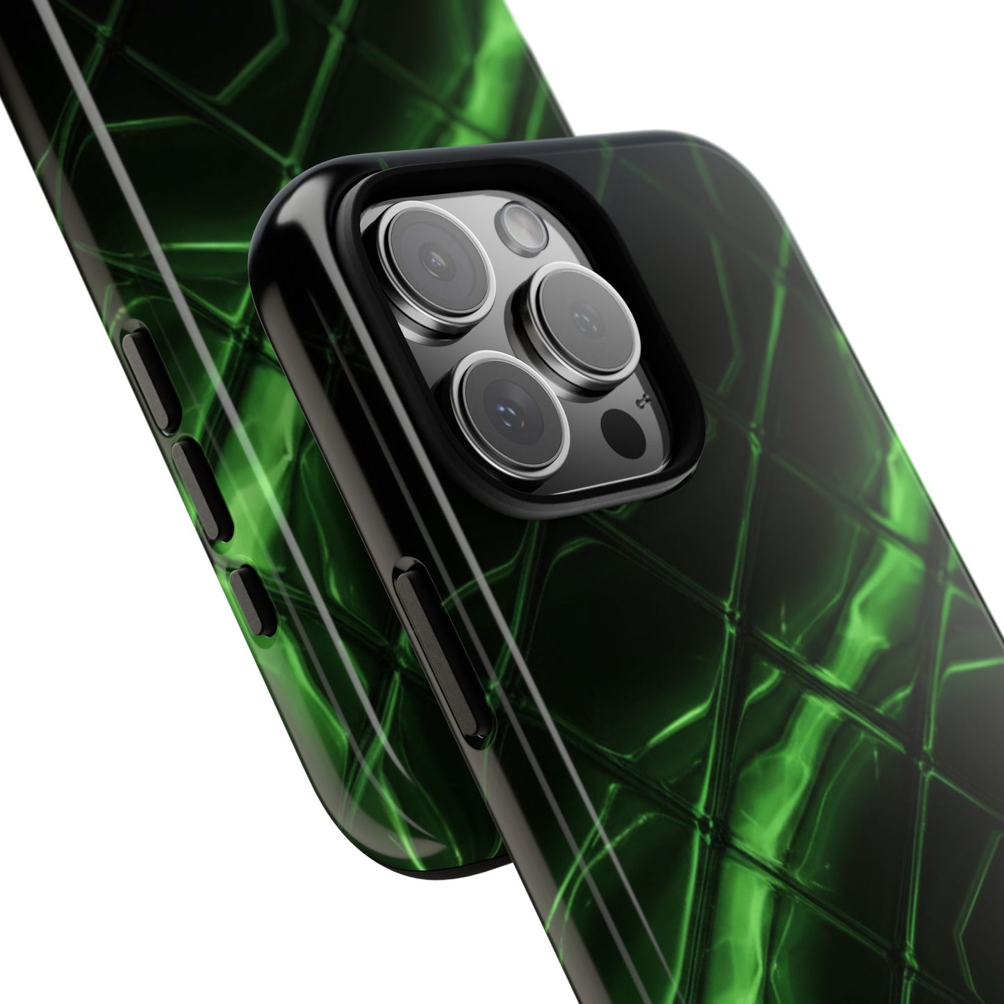 iPhone Tough Cases Phone Cases for iPhone 14\15\16\17 – Dual Layer, Matte/Glossy Finish, Wireless Charging Compatible. Green Neon Grid Phone Case — Protective Tough Case with Abstract Glow Design