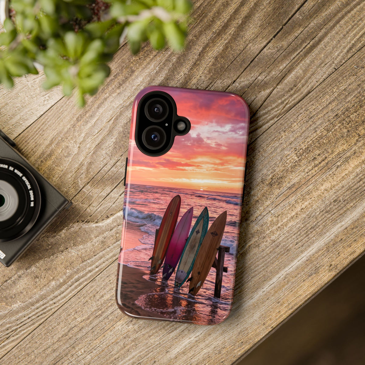 iPhone Tough Cases Phone Cases for iPhone 16\17\18 – Dual Layer, Matte/Glossy Finish, Wireless Charging Compatible. Phone Case - Sunset Surfboard Beach Case