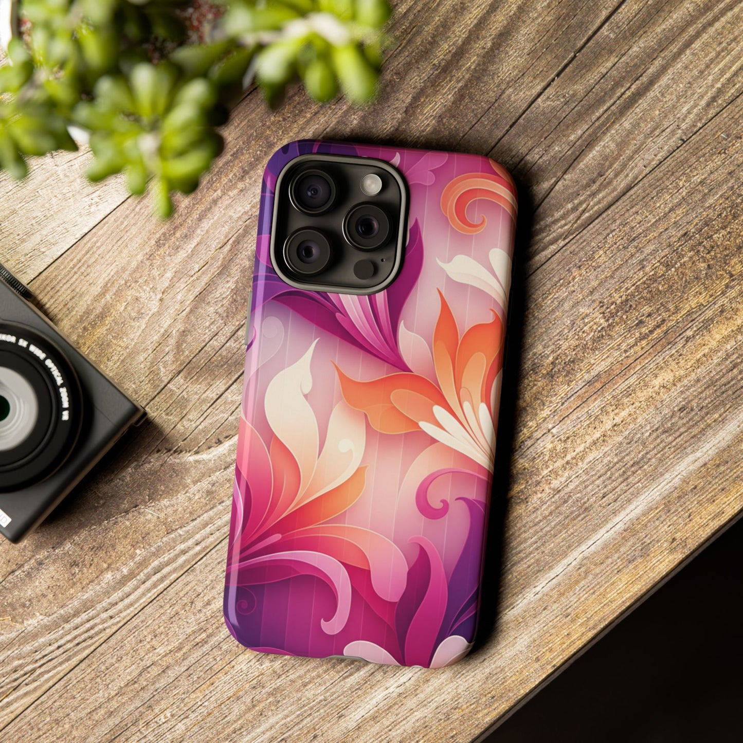 Floral Swirl Tough Phone Case iPhone Tough Cases Phone Cases for iPhone 14\15\16\17 – Dual Layer, Matte/Glossy Finish, Wireless Charging Compatible — Pink & Orange Protective iPhone Cover