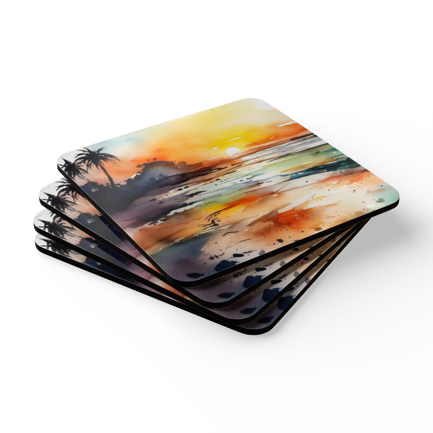 Artistic Cork Coaster Set with Sunset Design. Beach Lovers.