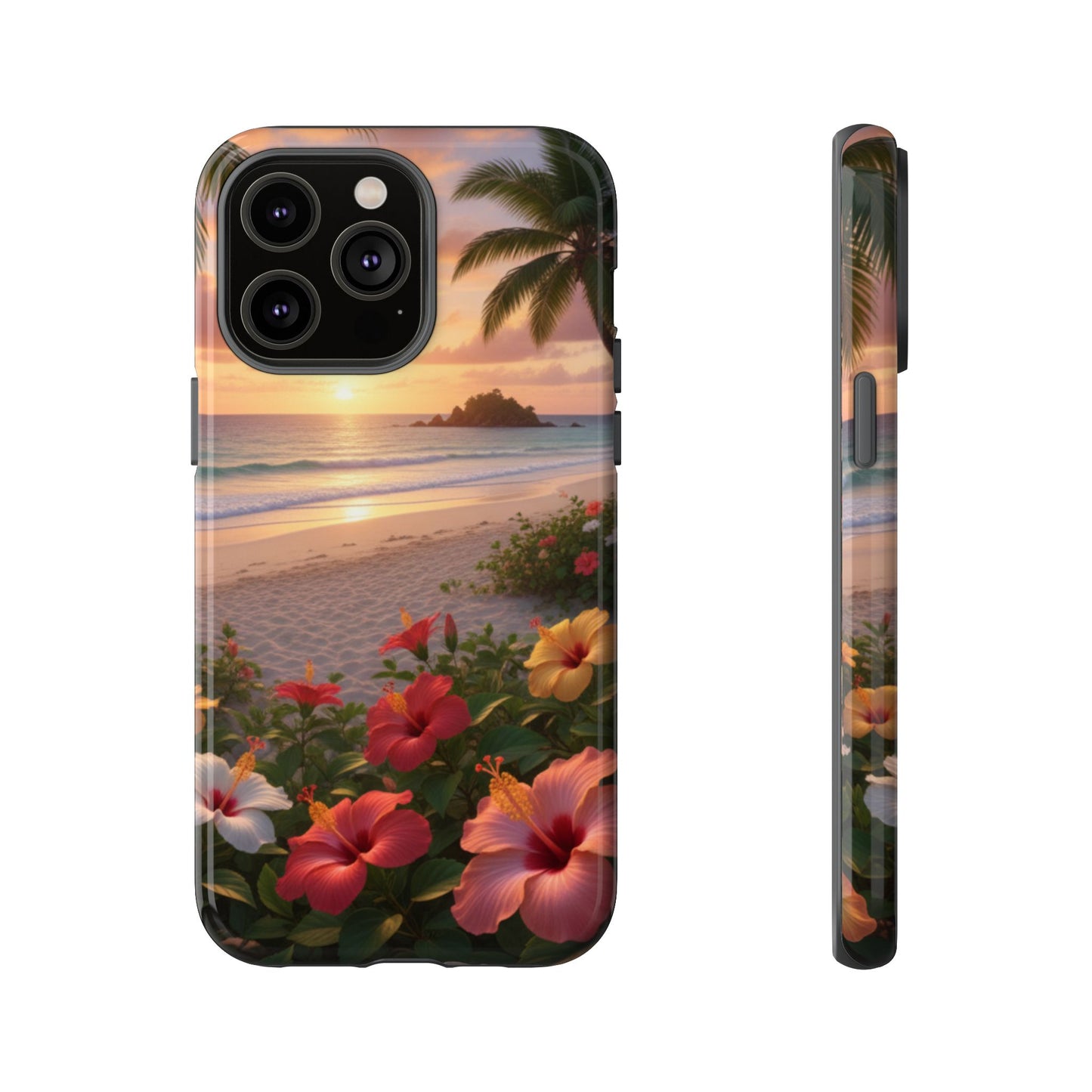iPhone Tough Cases Phone Cases for iPhone 14\15\16\17 – Dual Layer, Matte/Glossy Finish, Wireless Charging CompatibleTough Cases — Tropical Sunset Hibiscus Phone Case