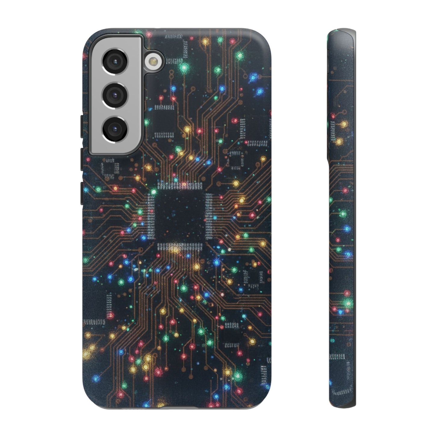 Tough Cases Phone Cases for Samsung Galaxy S25/S24/S23/S22 – Dual Layer, Matte/Glossy Finish, Wireless Charging Compatible, Circuit Board Glow Phone Case — Techy Microchip LED Design