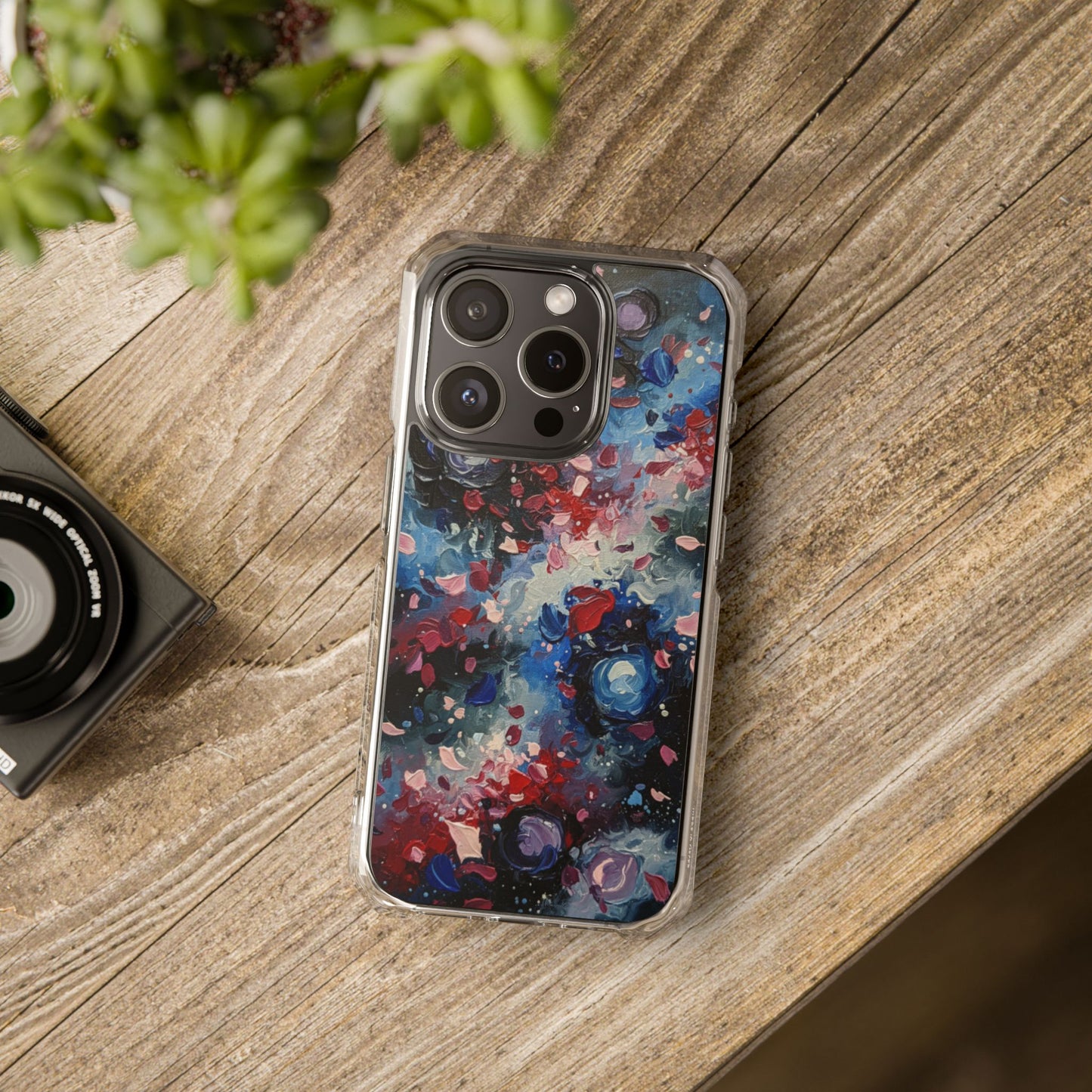 Magnetic Impact Phone Case for iPhone 17/16/15/14 Clear Magnetic Impact Phone Case — Abstract Red & Blue Galaxy Design