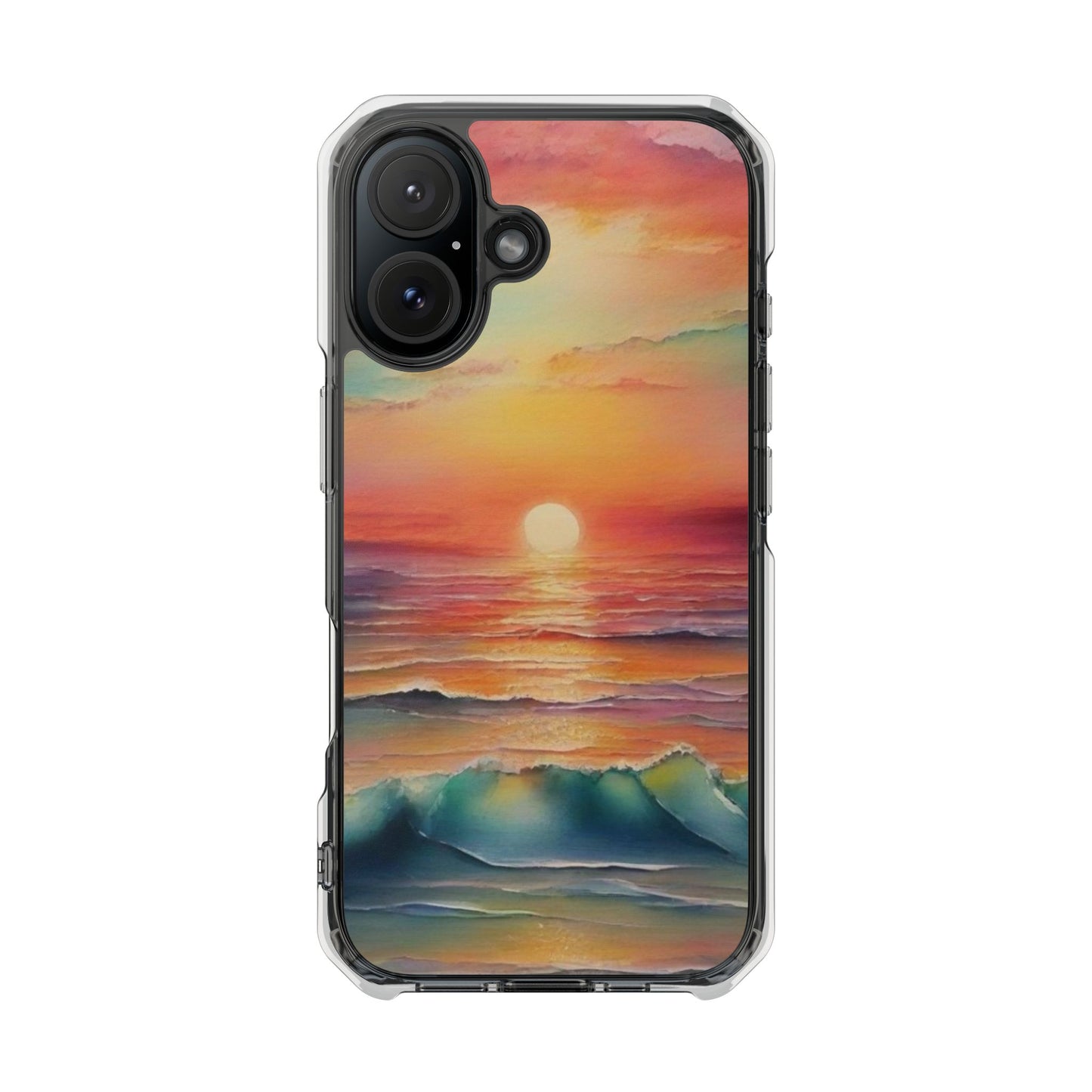 Clear Magnetic Phone Case — Sunset Ocean Art Design. Magnetic Impact Phone Case for iPhone 17/16/15/14. The Embedded Magnet Ring Keeps MagSafe Accessories Snapping on Smoothly.