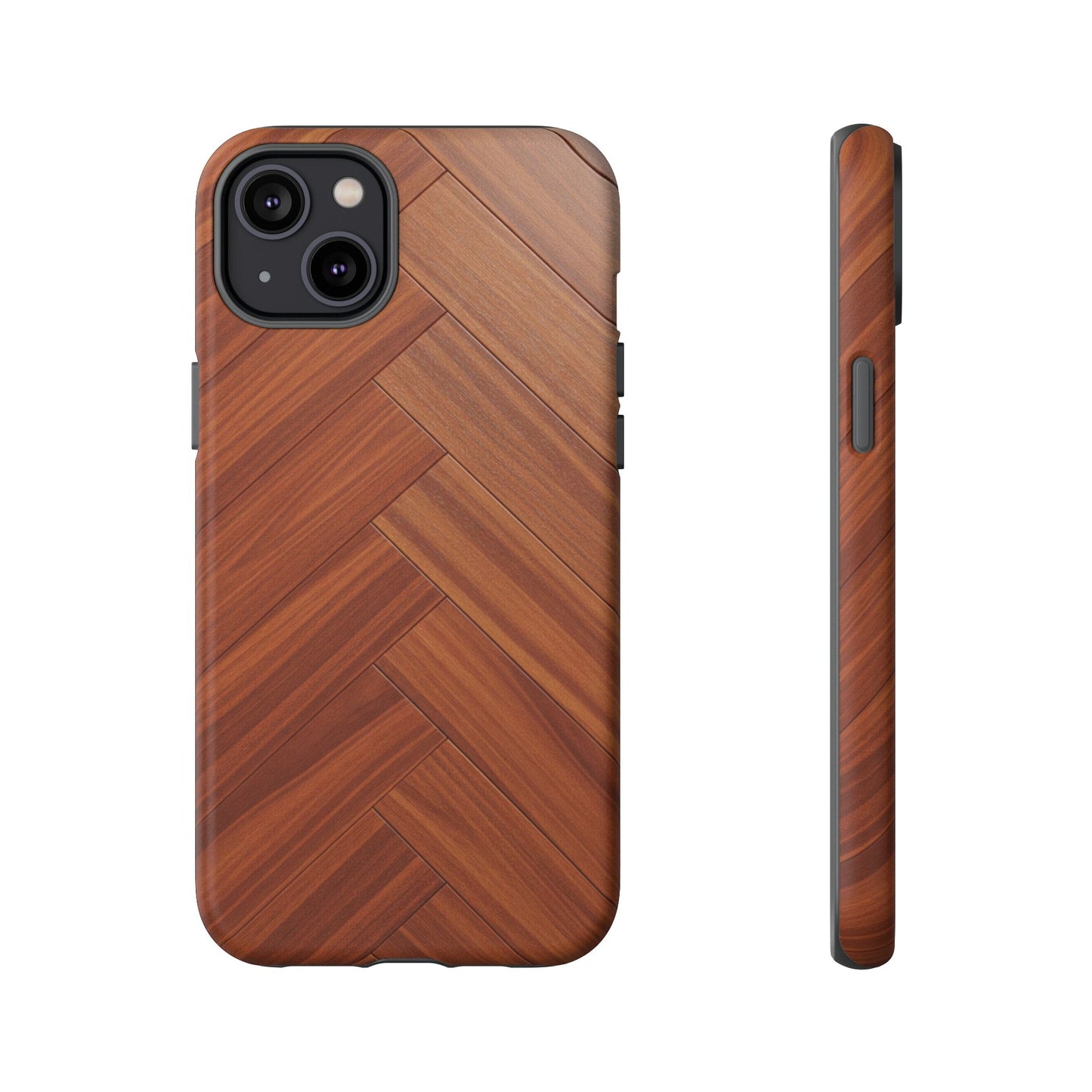 iPhone Tough Cases Phone Cases for iPhone 14\15\16\17 – Dual Layer, Matte/Glossy Finish, Wireless Charging Compatible. Plastic Woodgrain Herringbone Design Phone Case