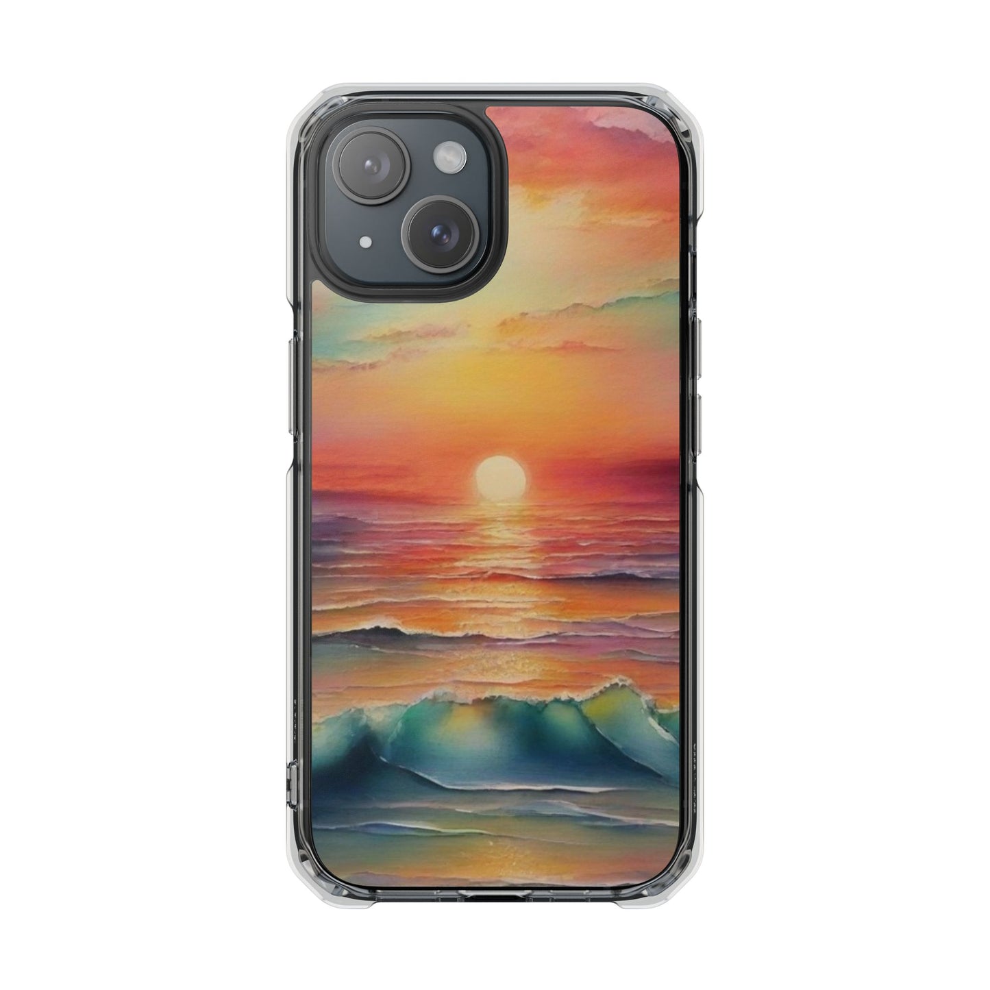 Clear Magnetic Phone Case — Sunset Ocean Art Design. Magnetic Impact Phone Case for iPhone 17/16/15/14. The Embedded Magnet Ring Keeps MagSafe Accessories Snapping on Smoothly.