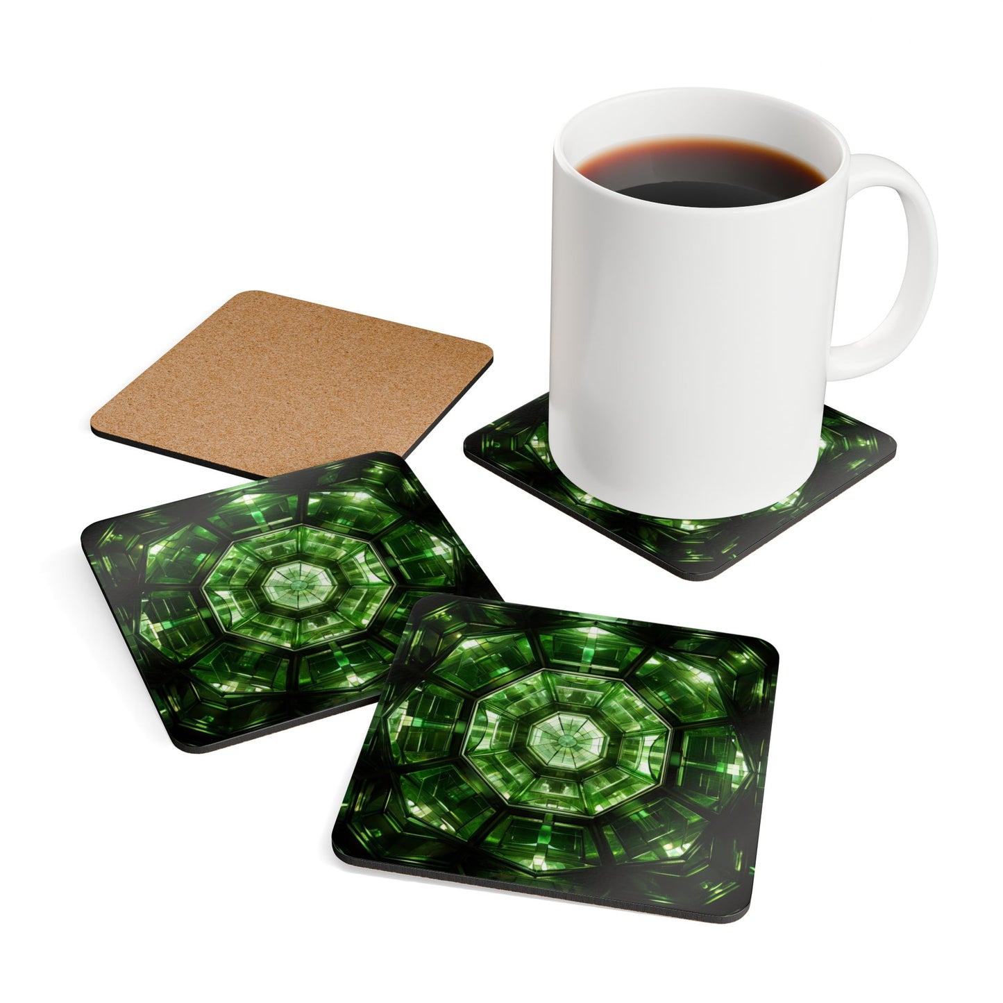 Green Geometric Cork Coaster Set, Home Decor, Kitchen Swag