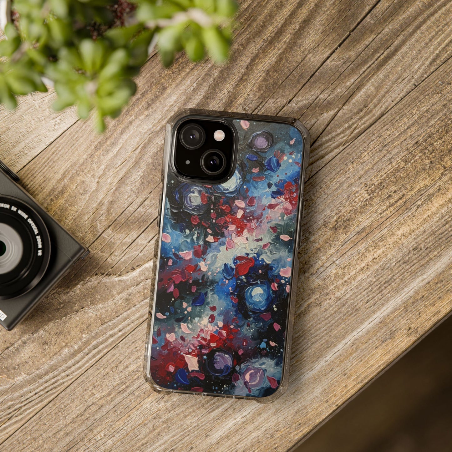 Magnetic Impact Phone Case for iPhone 17/16/15/14 Clear Magnetic Impact Phone Case — Abstract Red & Blue Galaxy Design