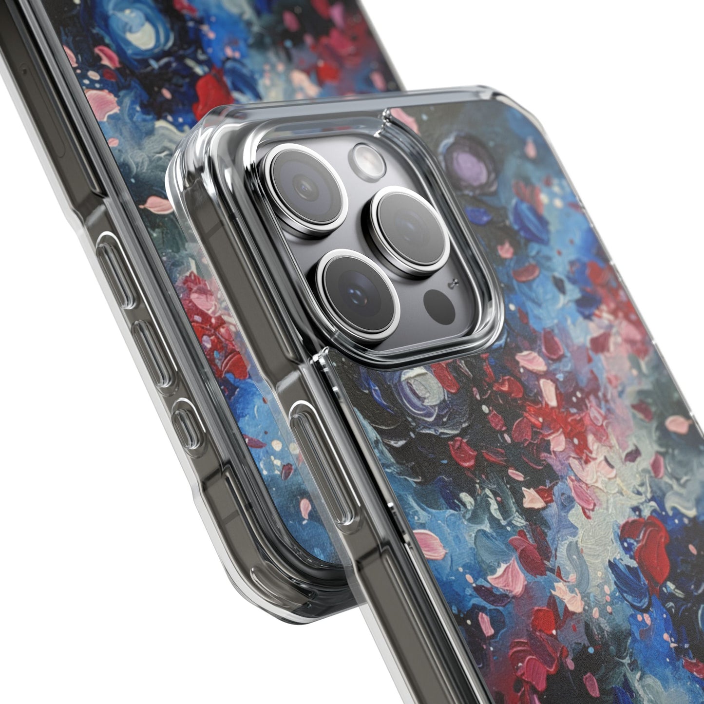 Magnetic Impact Phone Case for iPhone 17/16/15/14 Clear Magnetic Impact Phone Case — Abstract Red & Blue Galaxy Design