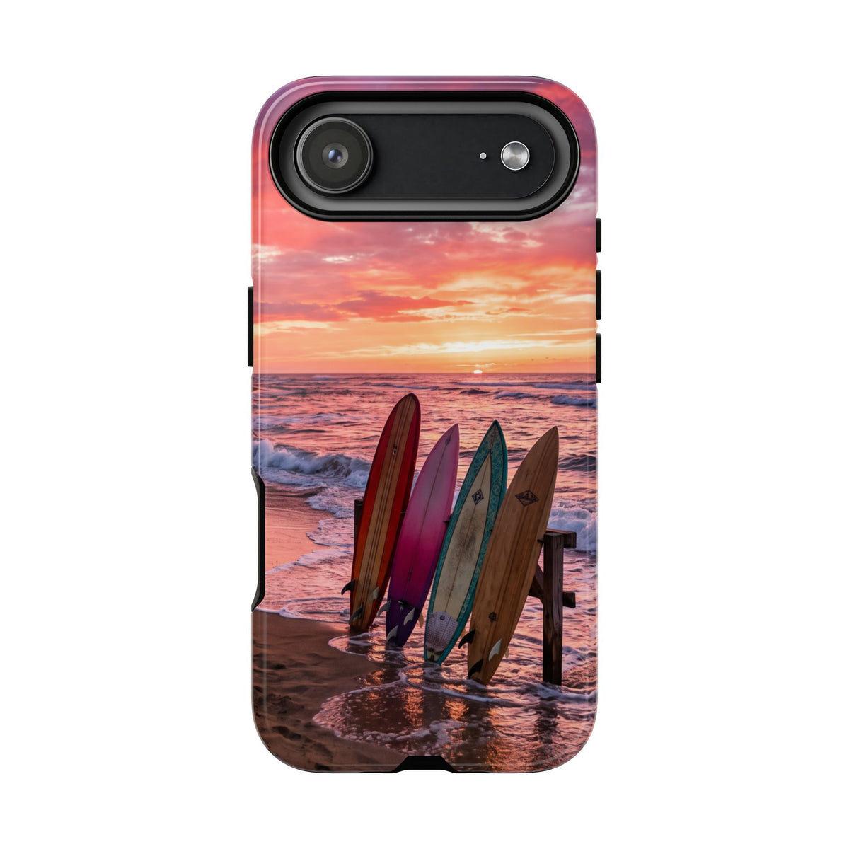 iPhone Tough Cases Phone Cases for iPhone 16\17\18 – Dual Layer, Matte/Glossy Finish, Wireless Charging Compatible. Phone Case - Sunset Surfboard Beach Case