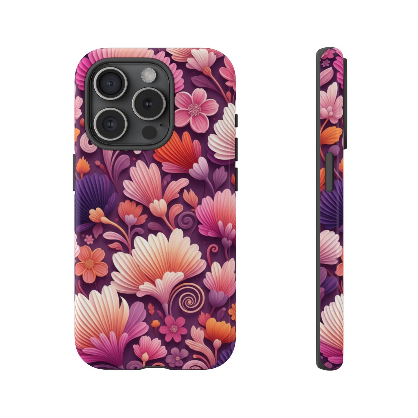 Floral Vibes Phone Case — iPhone Tough Cases Phone Cases for iPhone 14\15\16\17 – Dual Layer, Matte/Glossy Finish, Wireless Charging Compatible. Pink & Purple Retro Blossom Protective Cover