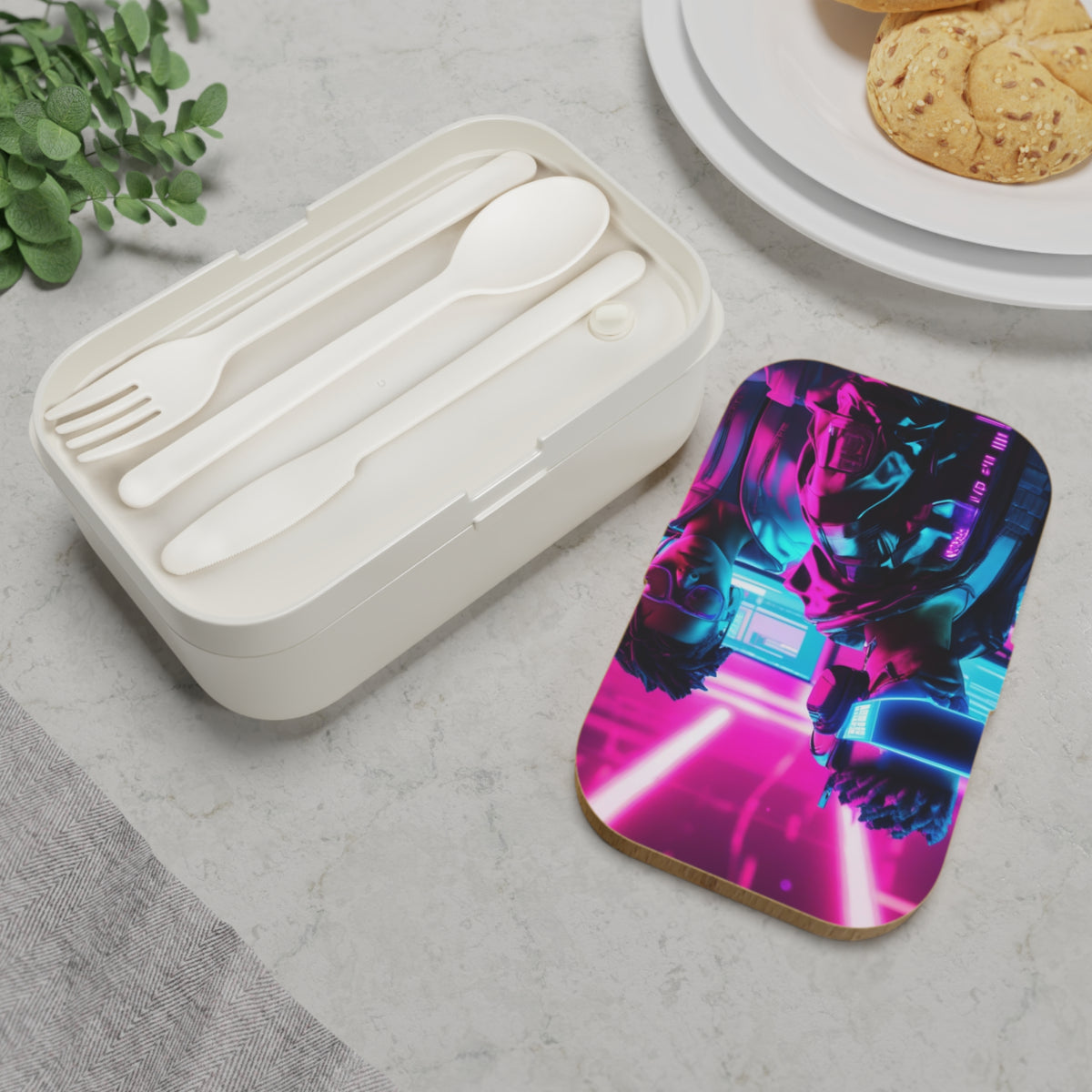 Stylish Bento Box Lunchbox – Portable, Designer Food Container with Wooden Lid & Two Moveable Compartments for Work, School & Picnics, Cyberpunk Bento Lunch Box - Stylish & Functional Meal Container