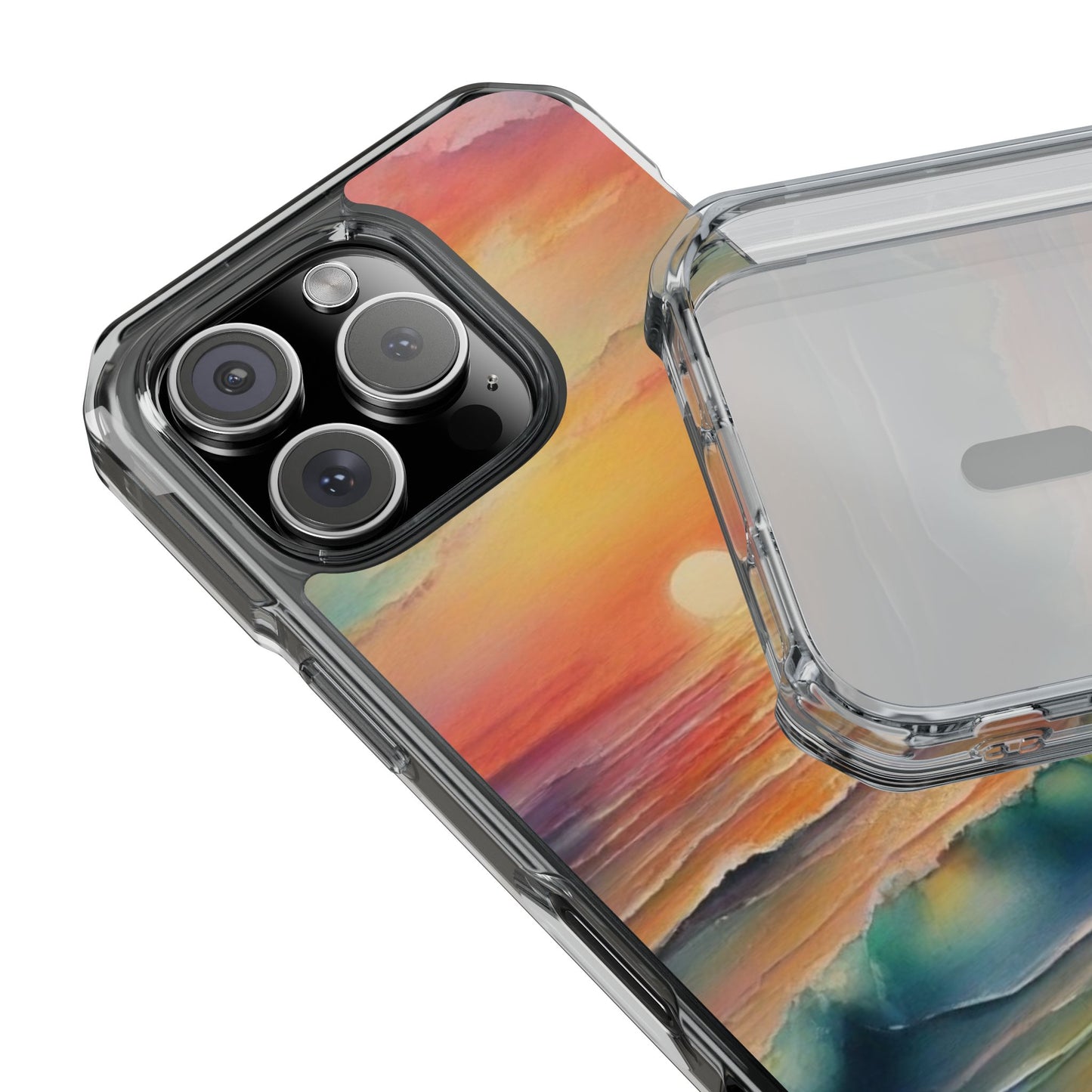 Clear Magnetic Phone Case — Sunset Ocean Art Design. Magnetic Impact Phone Case for iPhone 17/16/15/14. The Embedded Magnet Ring Keeps MagSafe Accessories Snapping on Smoothly.