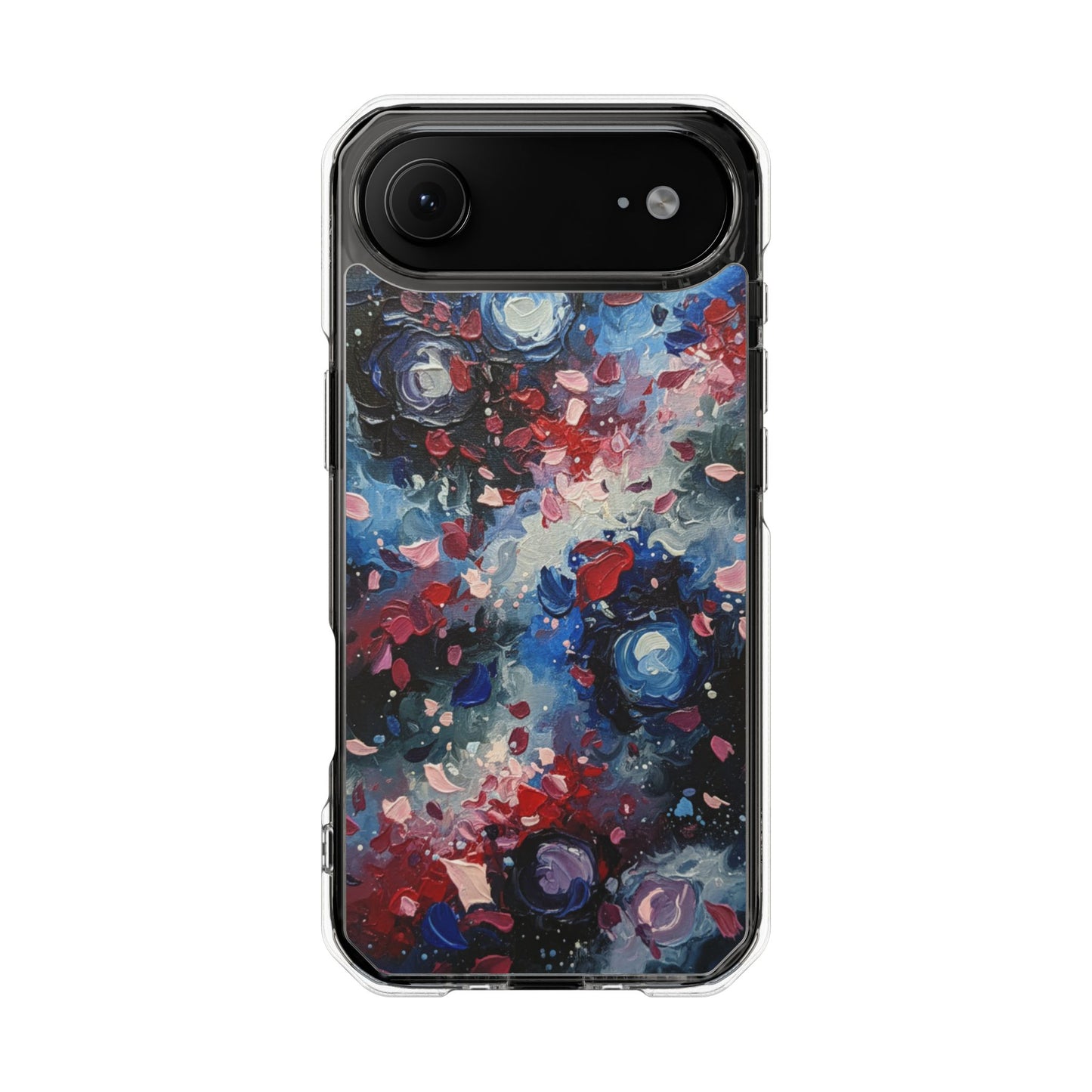 Magnetic Impact Phone Case for iPhone 17/16/15/14 Clear Magnetic Impact Phone Case — Abstract Red & Blue Galaxy Design