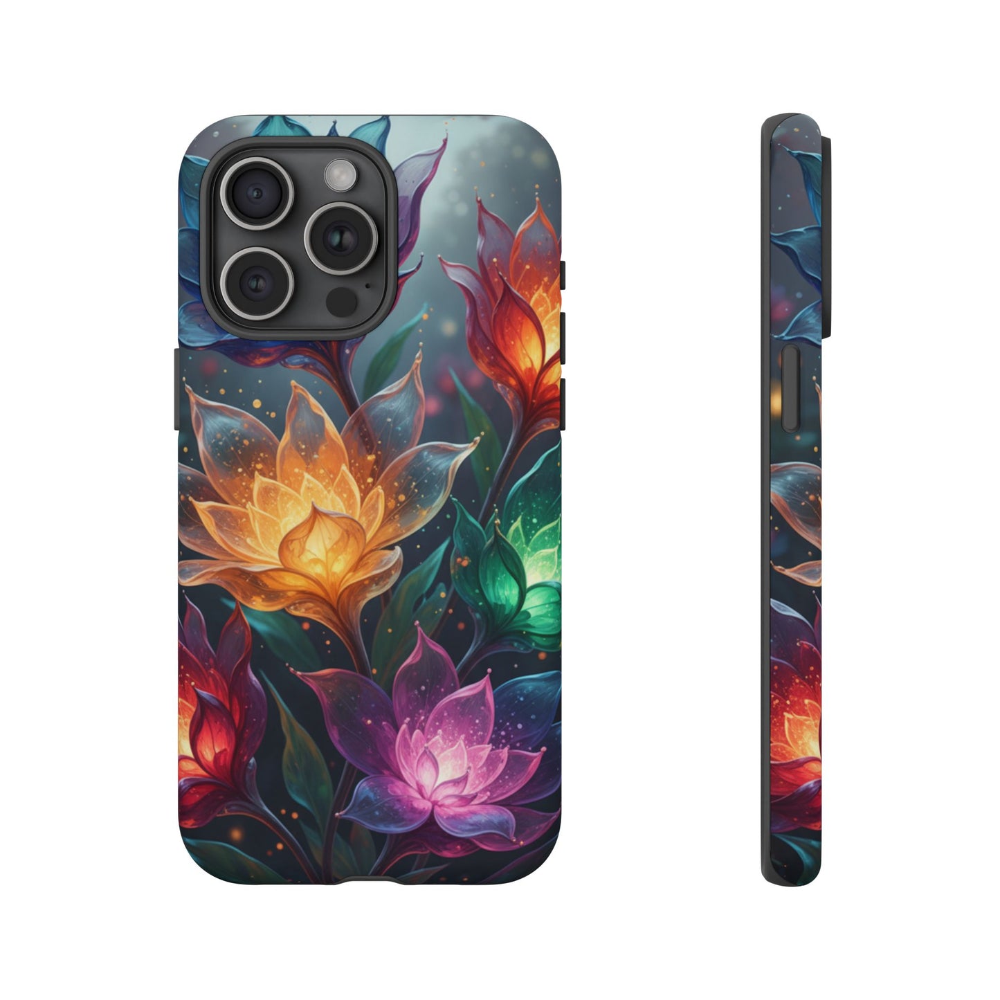 iPhone Tough Cases Phone Cases for iPhone 14\15\16\17 – Dual Layer, Matte/Glossy Finish, Wireless Charging CompatibleFloral Lotus Tough Phone Case - Colorful Glowing Flowers Protective Cover