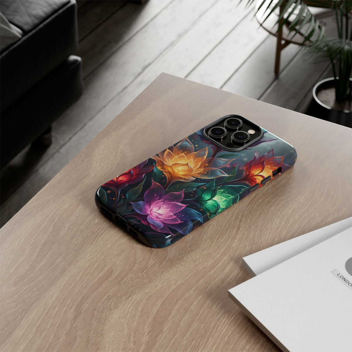 iPhone Tough Cases Phone Cases for iPhone 14\15\16\17 – Dual Layer, Matte/Glossy Finish, Wireless Charging CompatibleFloral Lotus Tough Phone Case - Colorful Glowing Flowers Protective Cover