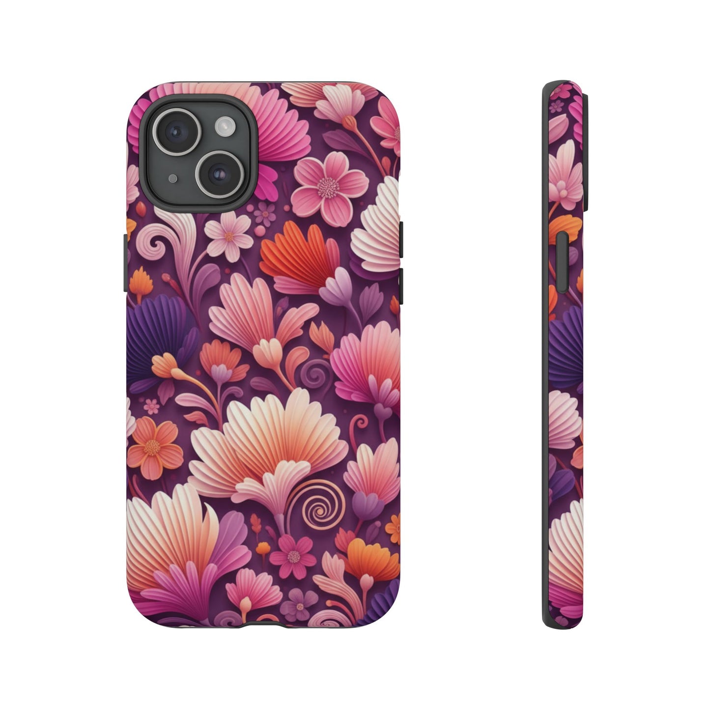 Floral Vibes Phone Case — iPhone Tough Cases Phone Cases for iPhone 14\15\16\17 – Dual Layer, Matte/Glossy Finish, Wireless Charging Compatible. Pink & Purple Retro Blossom Protective Cover