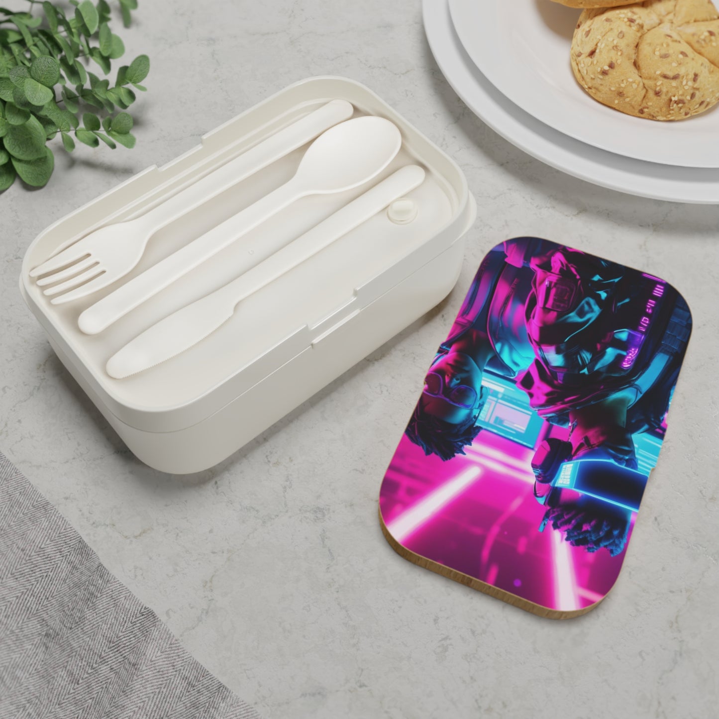 Stylish Bento Box Lunchbox – Portable, Designer Food Container with Wooden Lid & Two Moveable Compartments for Work, School & Picnics, Cyberpunk Bento Lunch Box - Stylish & Functional Meal Container