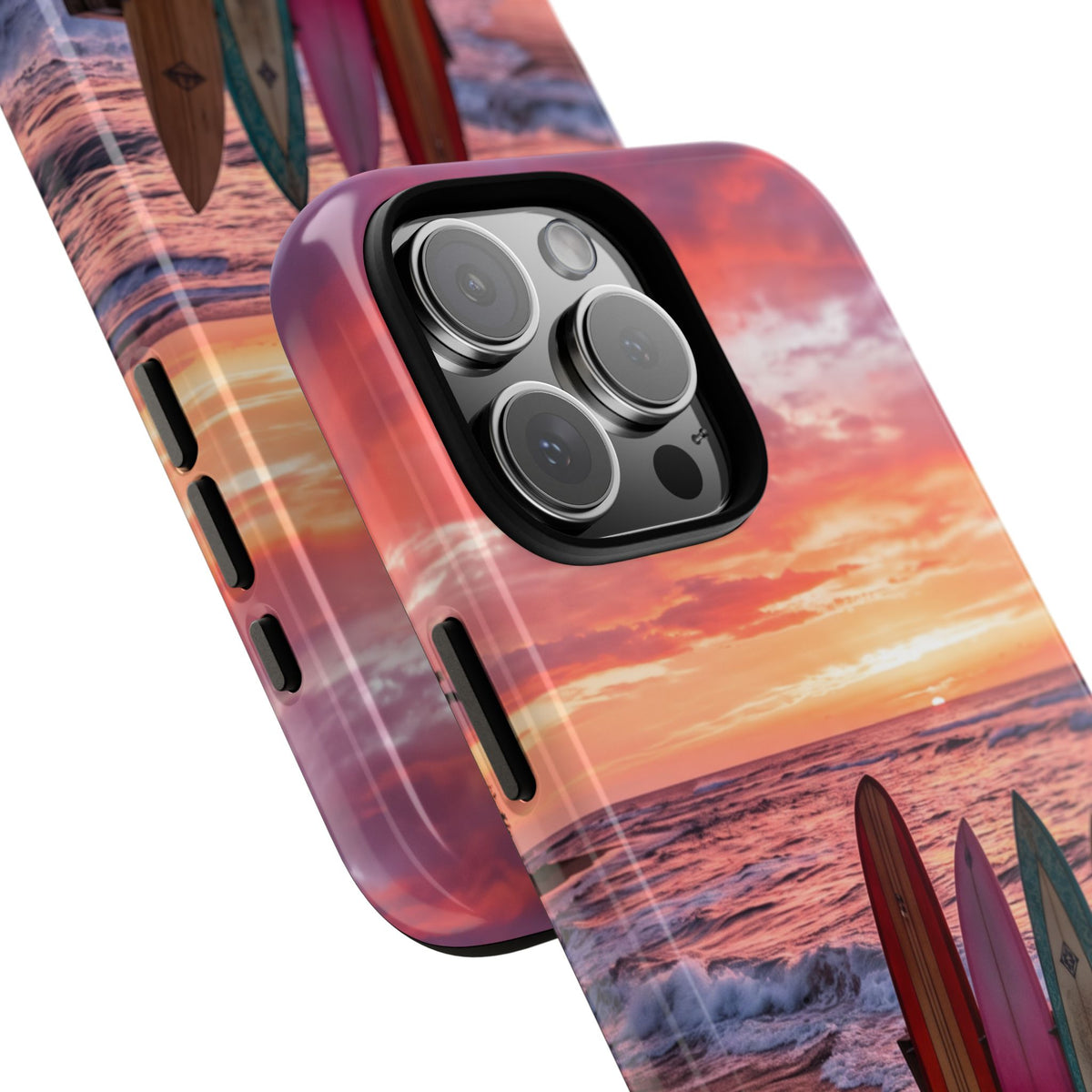 iPhone Tough Cases Phone Cases for iPhone 16\17\18 – Dual Layer, Matte/Glossy Finish, Wireless Charging Compatible. Phone Case - Sunset Surfboard Beach Case